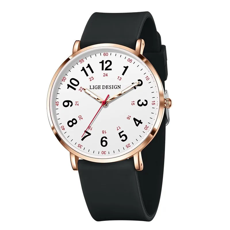 LIGE New Fashion Women's wristwatch Ultra-Thin Quartz Watches for Woman Waterproof Luminous Silicone Ladies Watches Pink Clock