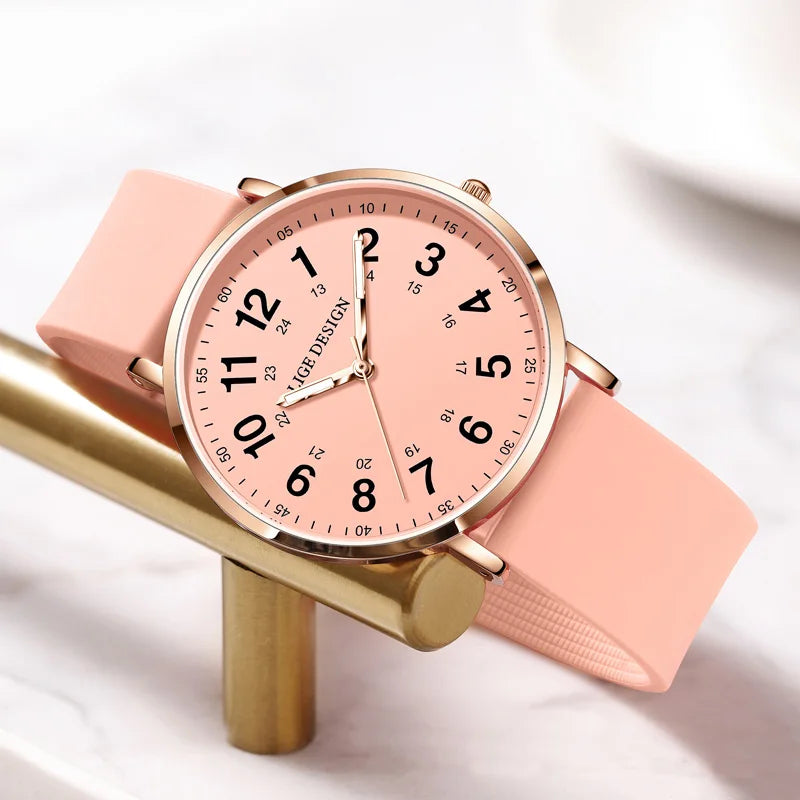 LIGE New Fashion Women's wristwatch Ultra-Thin Quartz Watches for Woman Waterproof Luminous Silicone Ladies Watches Pink Clock