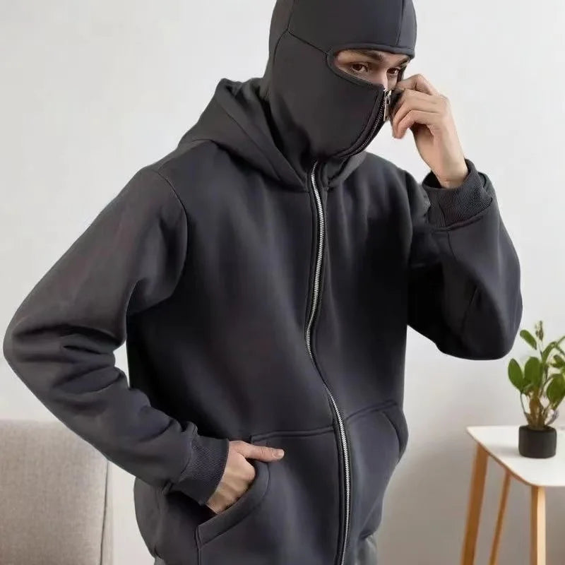 Double Hat Balaclava Hoodies Fashion Hip Hop Winter Windproof Sweatshirt Streetwear Trend ﻿zipper Face Mask Hoodie Jacket Coat