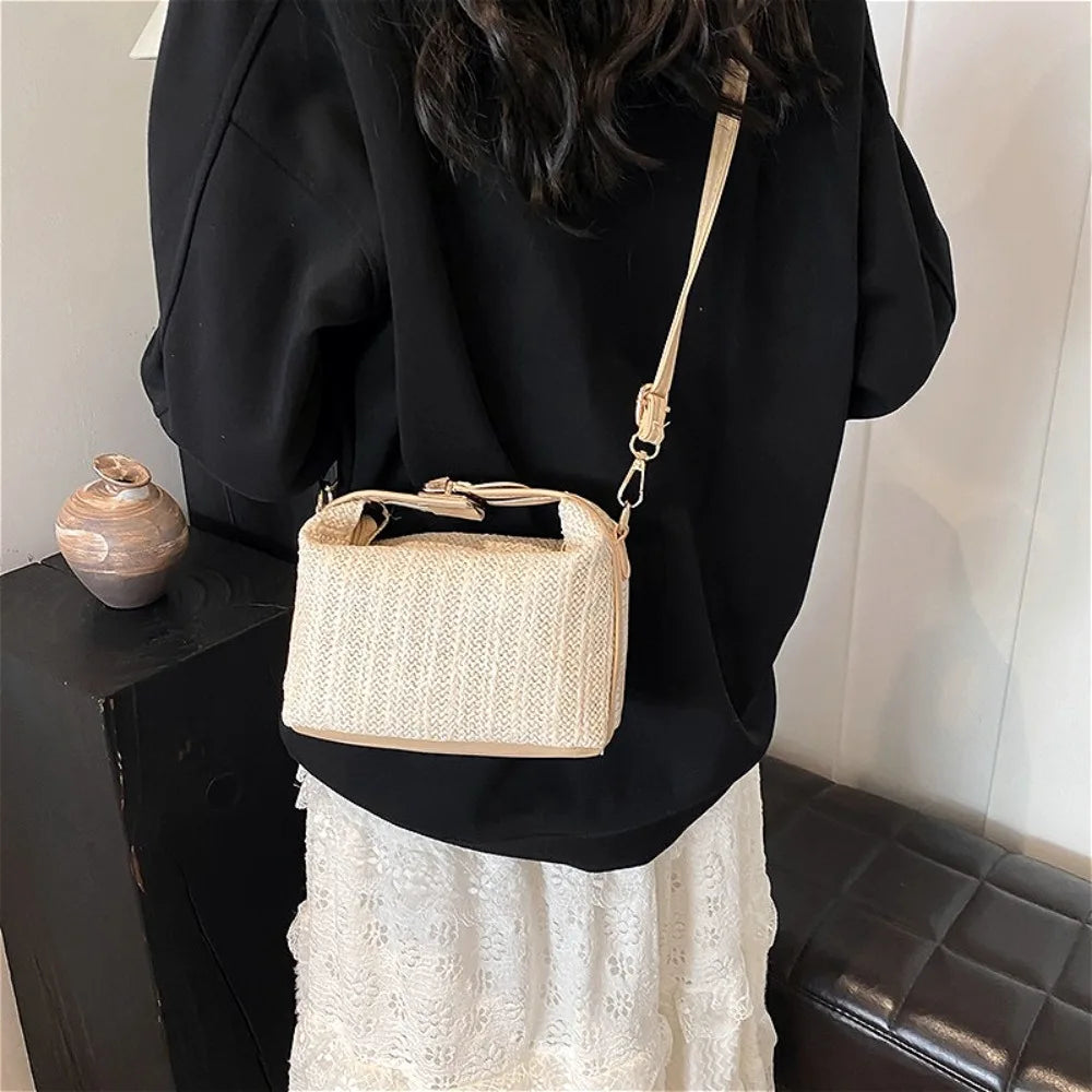 Korean Straw Woven Handbag Women Bag Boho Crossbody Bag Vintage Casual Beach Purse Tote Shoulder Bag