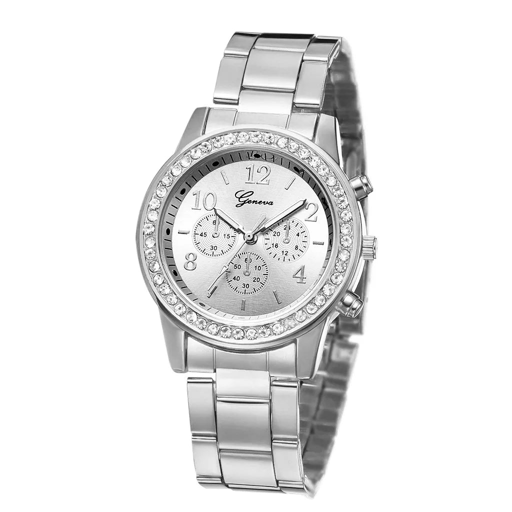 Gold Women Watch Geneva Classic Stainless Steel Women's Watch Fashion Rhinestone Quartz Watches Wristwatch for Woman Girls