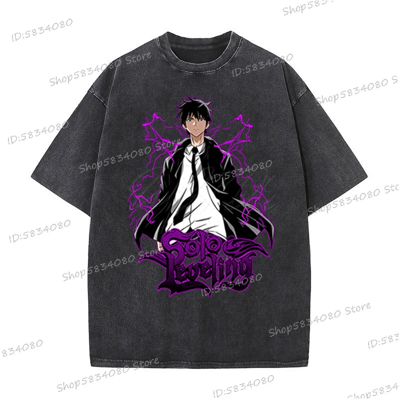 Vintage Solo Leveling T-shirts Loose Anime Wash Cotton Soft Tee Solo Leveling Sung Jin-woo Mens Clothing Anime Harajuku Male Top