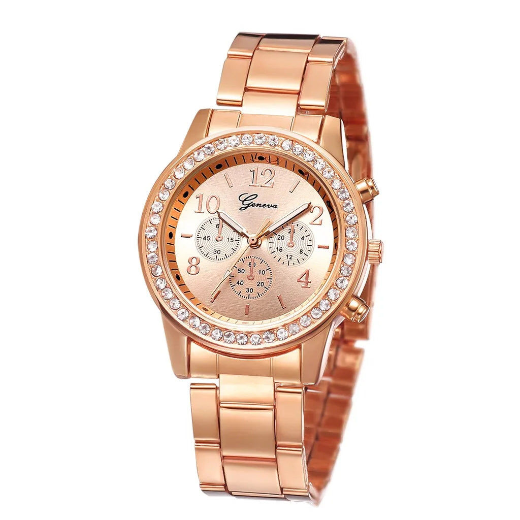 Gold Women Watch Geneva Classic Stainless Steel Women's Watch Fashion Rhinestone Quartz Watches Wristwatch for Woman Girls
