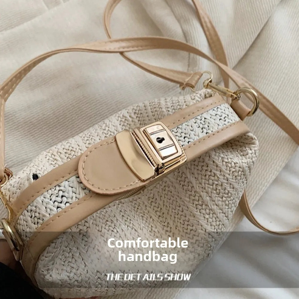 Korean Straw Woven Handbag Women Bag Boho Crossbody Bag Vintage Casual Beach Purse Tote Shoulder Bag