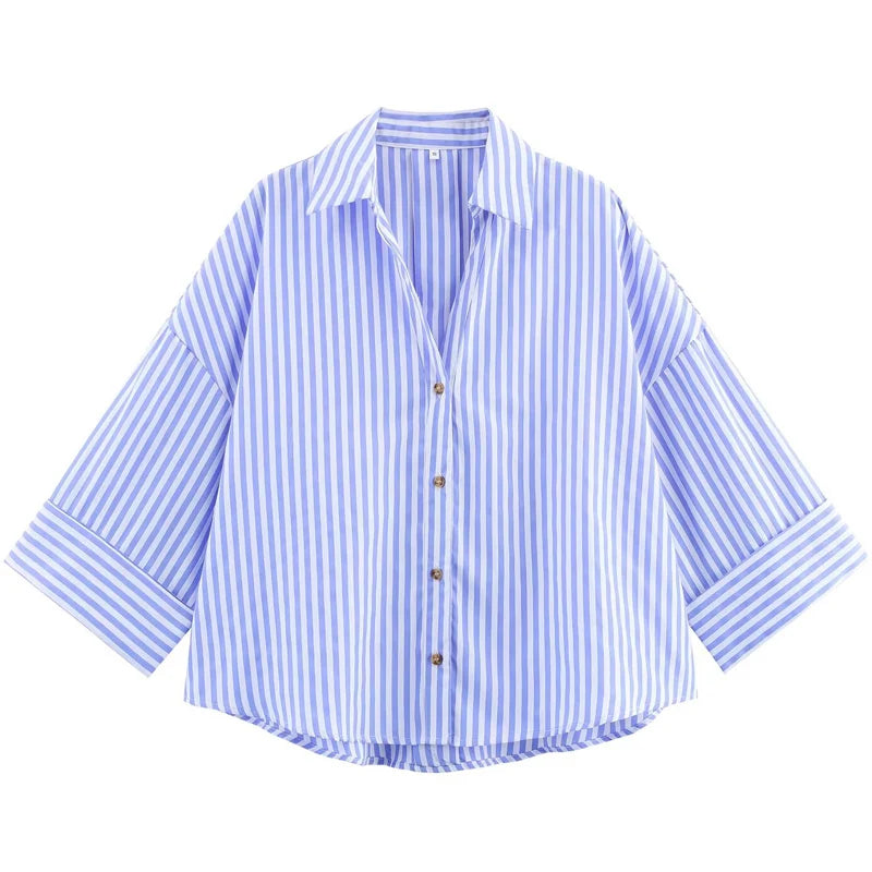 HXAO 2025 Women's Shirt Summer Crop Oversized Shirts & Blouses White Blue Rose Brown Striped Shirt Elegant Long Sleeve blouses