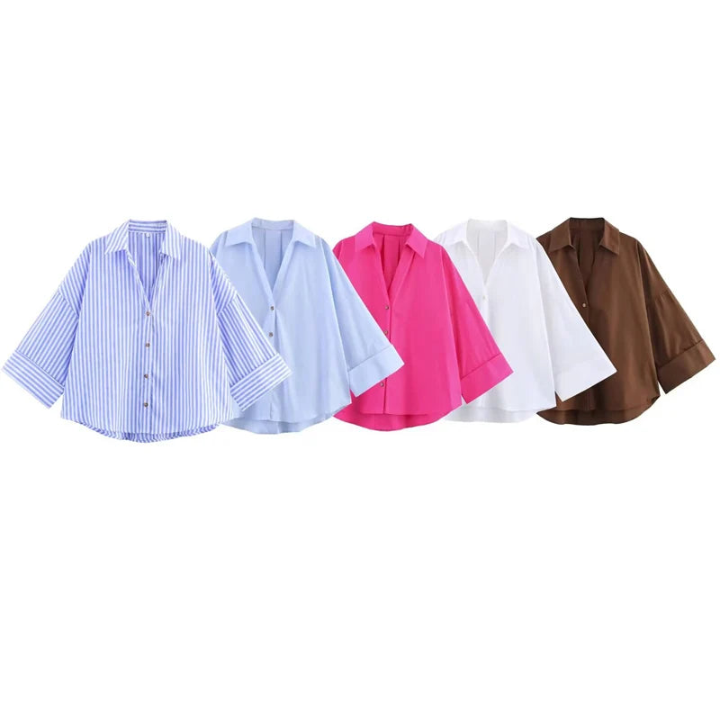 HXAO 2025 Women's Shirt Summer Crop Oversized Shirts & Blouses White Blue Rose Brown Striped Shirt Elegant Long Sleeve blouses