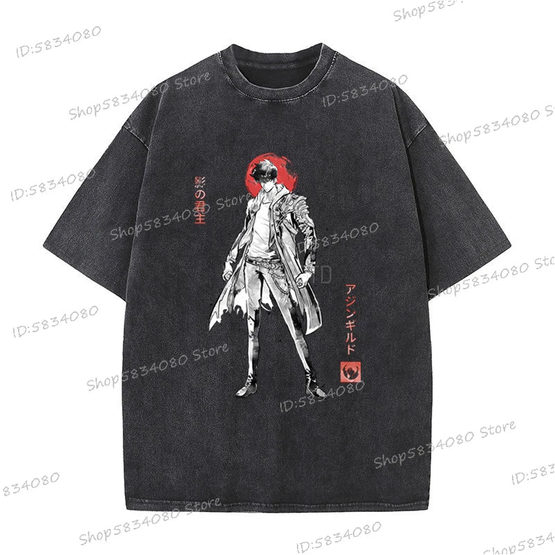 Vintage Solo Leveling T-shirts Loose Anime Wash Cotton Soft Tee Solo Leveling Sung Jin-woo Mens Clothing Anime Harajuku Male Top