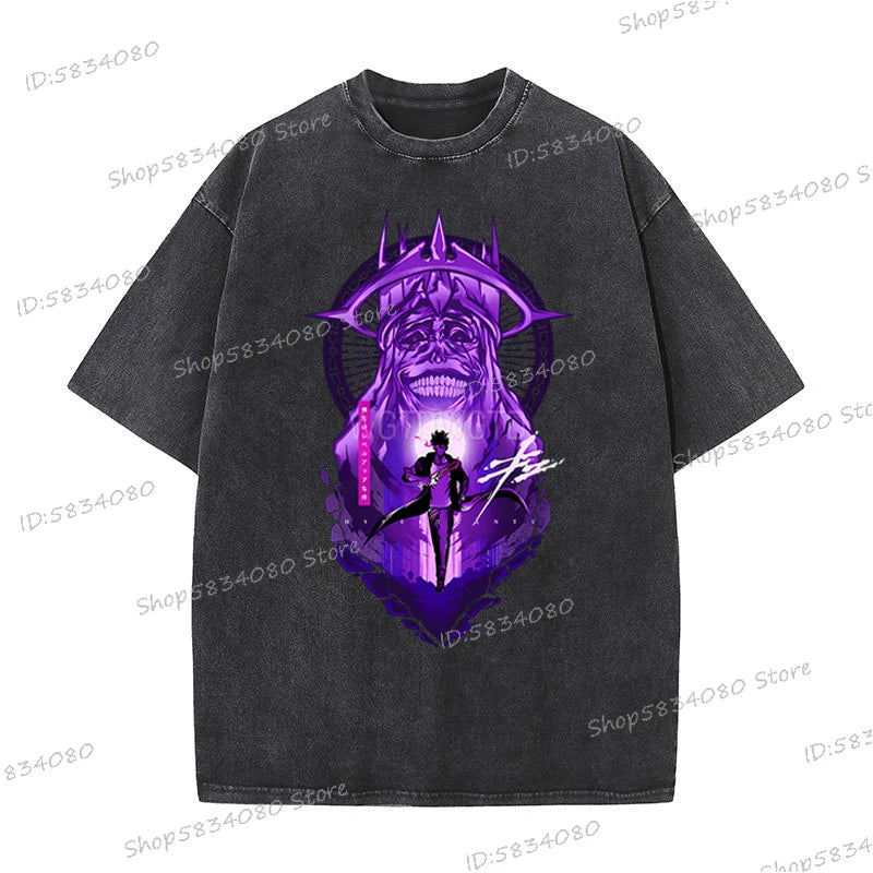 Vintage Solo Leveling T-shirts Loose Anime Wash Cotton Soft Tee Solo Leveling Sung Jin-woo Mens Clothing Anime Harajuku Male Top