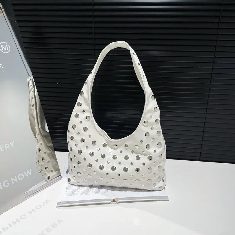 2025 Fashion Glossy PU Sense of Luxury Shoulder Bags Rivets Unique Design Personality Popularity Commute Tote Bags for Women