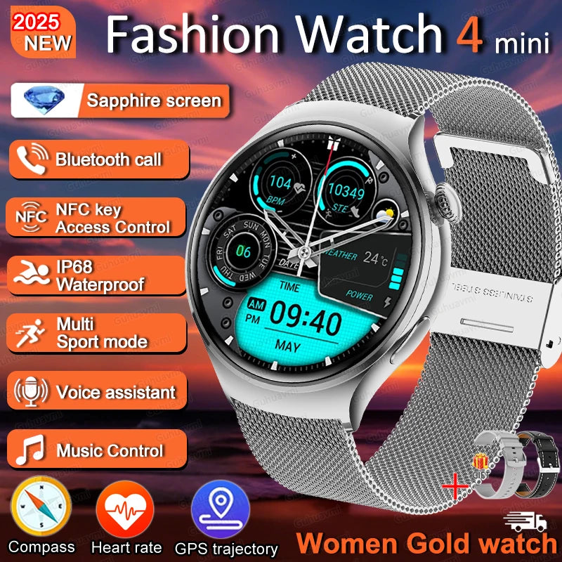 For HUAWEI IOS Women Watch 4 Mini Smart Watch AMOLED NFC Heart Rate Clock BT Call GPS Lady Smartwatch for Women pink Custom dial