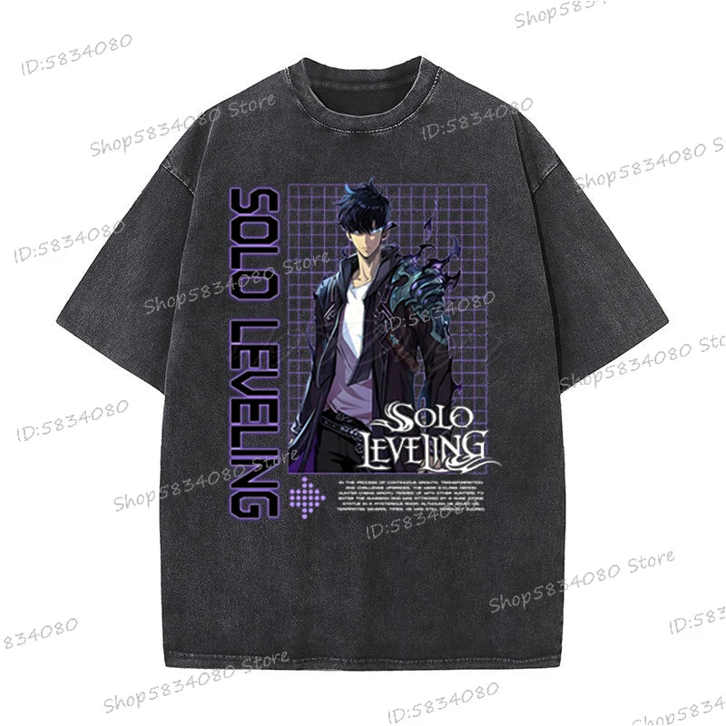 Vintage Solo Leveling T-shirts Loose Anime Wash Cotton Soft Tee Solo Leveling Sung Jin-woo Mens Clothing Anime Harajuku Male Top