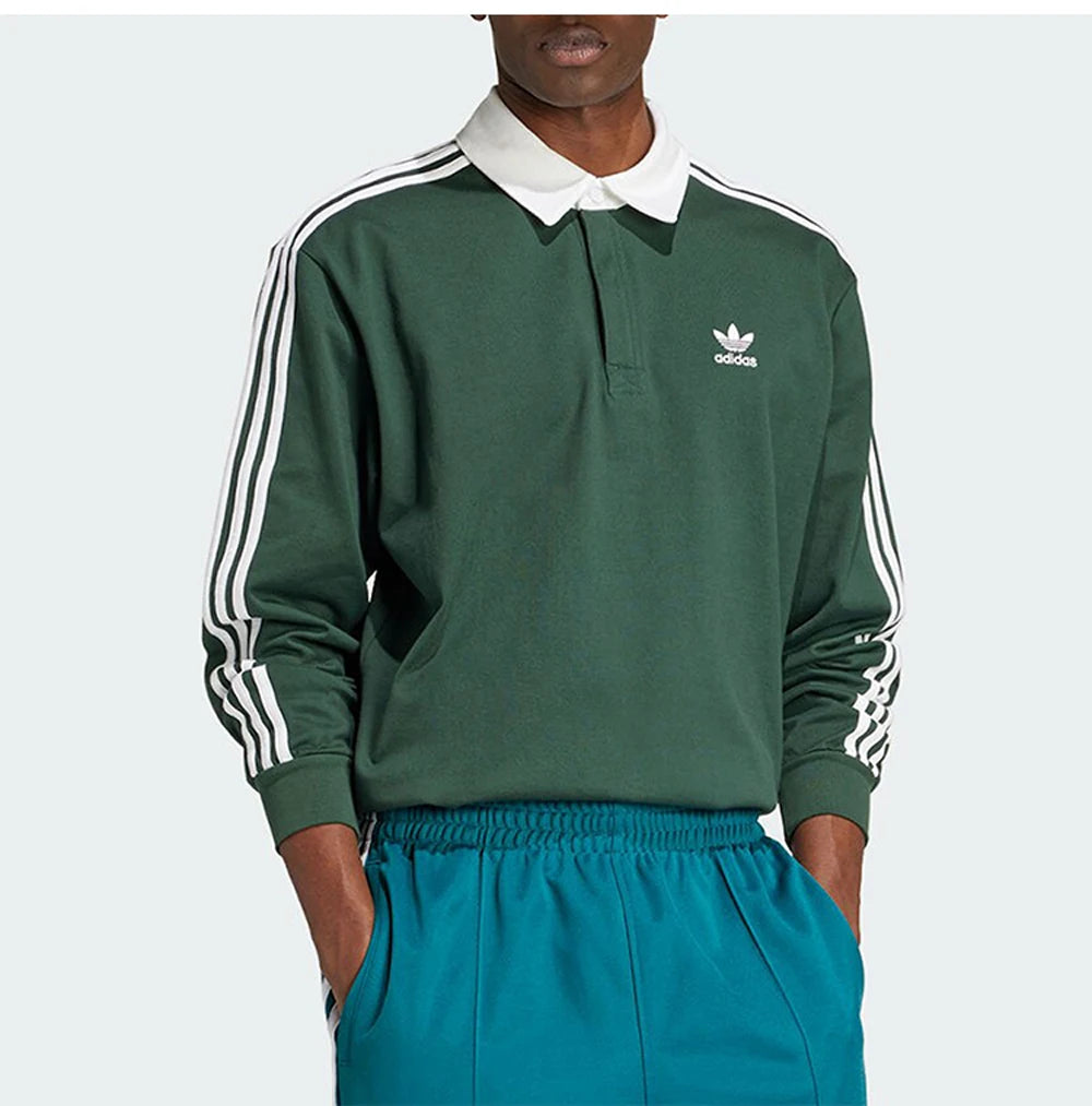 Adidas Originals Men's Dark Green Long - Sleeve Polo Shirt and Teal Track Pants for Casual and Sports Wear
