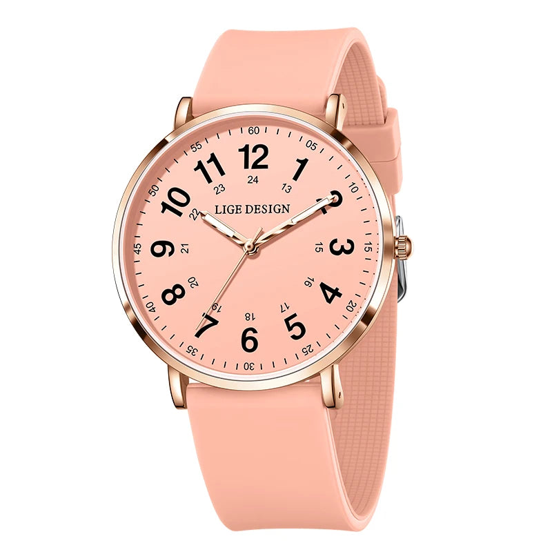 LIGE New Fashion Women's wristwatch Ultra-Thin Quartz Watches for Woman Waterproof Luminous Silicone Ladies Watches Pink Clock