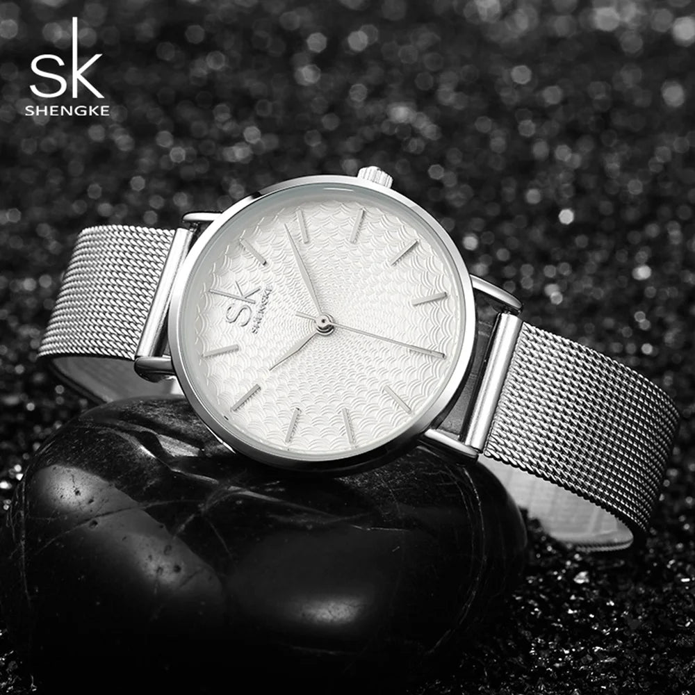 SK Super Slim Sliver Mesh Stainless Steel Quartz Watches Women Top Brand Luxury Casual Clock Ladies Wrist Watch Relogio Feminino