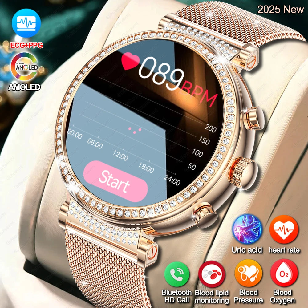 Women diamond Smart Watch ECG Women Health tracking Watch Full Touch Screen BT Call Custom dial Smartwatch For Huawei Xiaomi IOS