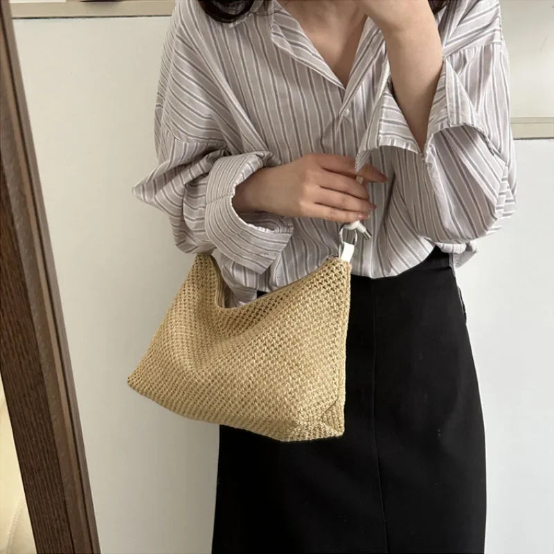 Women New Handmade Braided Straw Bag Large Capacity Beach Shoulder Bag Summer Rattan Woven Tote Boho Fashion Handbag