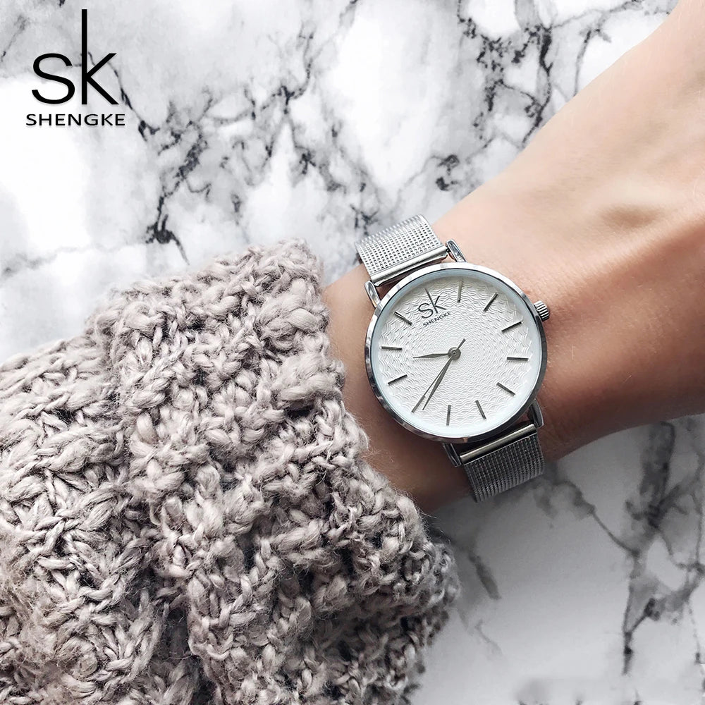 SK Super Slim Sliver Mesh Stainless Steel Quartz Watches Women Top Brand Luxury Casual Clock Ladies Wrist Watch Relogio Feminino