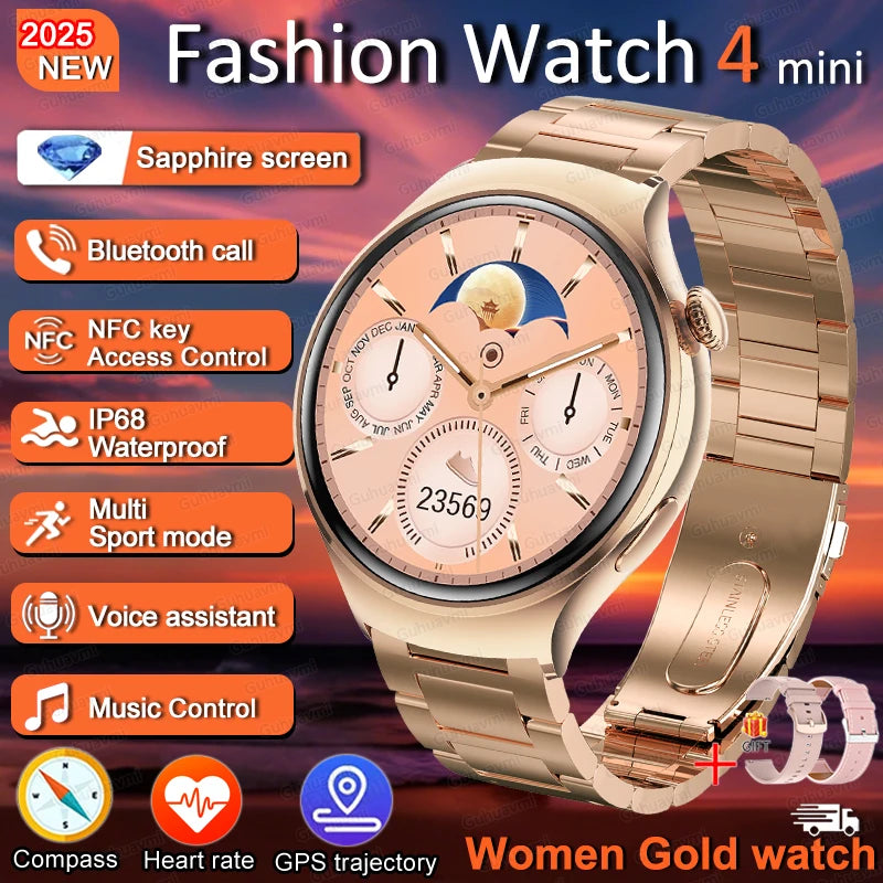 For HUAWEI IOS Women Watch 4 Mini Smart Watch AMOLED NFC Heart Rate Clock BT Call GPS Lady Smartwatch for Women pink Custom dial