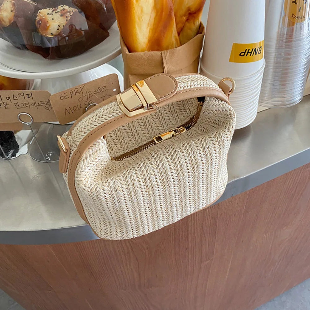 Korean Straw Woven Handbag Women Bag Boho Crossbody Bag Vintage Casual Beach Purse Tote Shoulder Bag