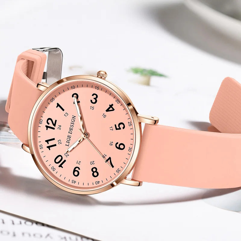 LIGE New Fashion Women's wristwatch Ultra-Thin Quartz Watches for Woman Waterproof Luminous Silicone Ladies Watches Pink Clock