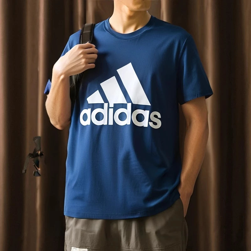 Adidas Men's Navy Blue Short - Sleeve T - Shirt with White Brand Logo and Text for Casual and Sports Wear