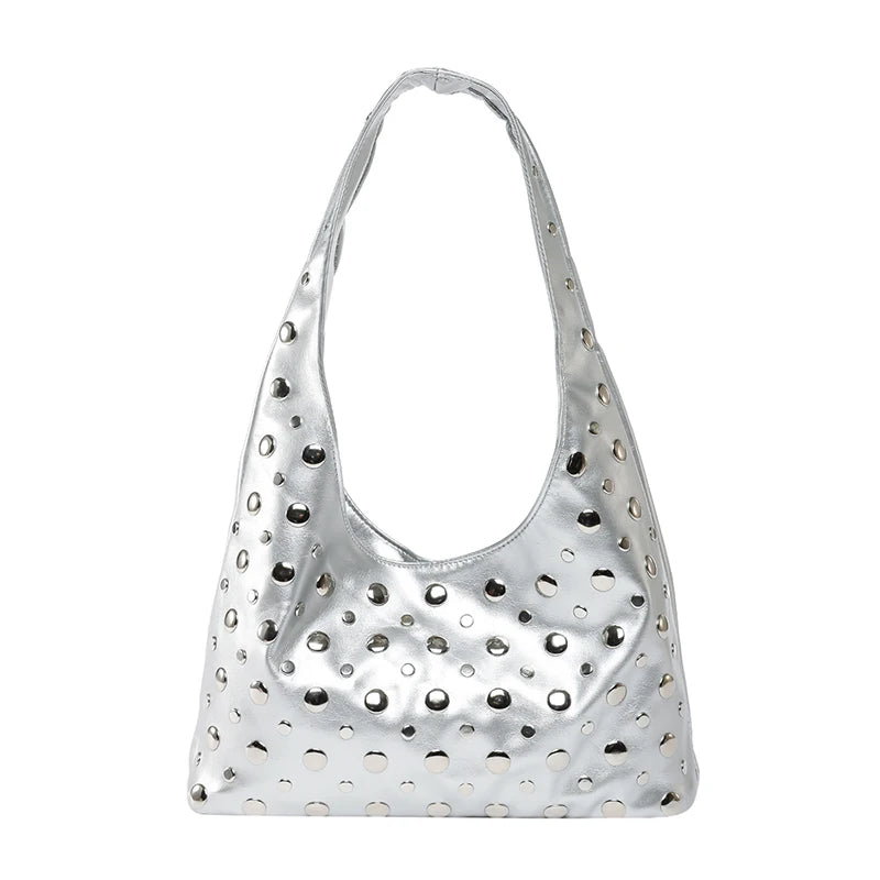 2025 Fashion Glossy PU Sense of Luxury Shoulder Bags Rivets Unique Design Personality Popularity Commute Tote Bags for Women