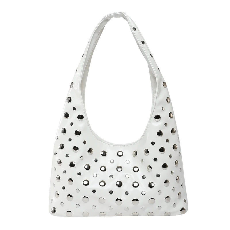 2025 Fashion Glossy PU Sense of Luxury Shoulder Bags Rivets Unique Design Personality Popularity Commute Tote Bags for Women