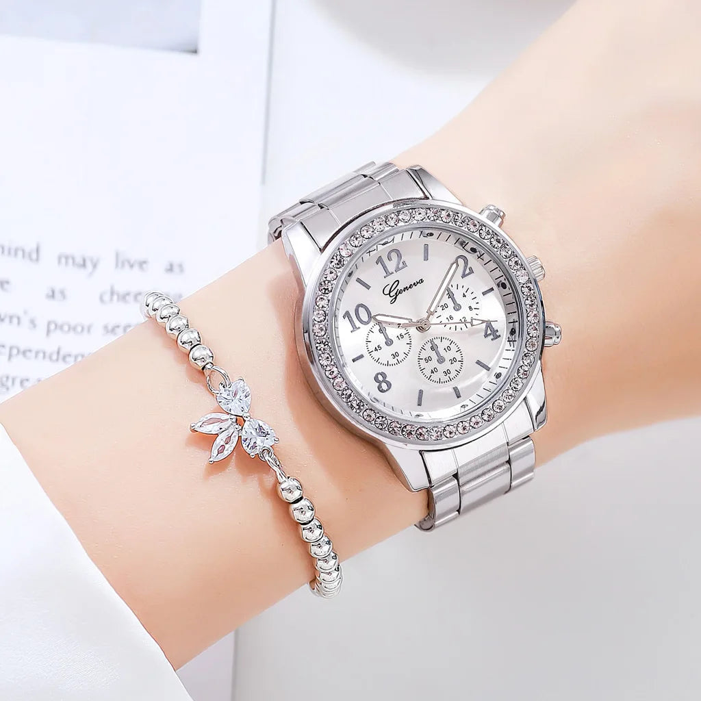 Gold Women Watch Geneva Classic Stainless Steel Women's Watch Fashion Rhinestone Quartz Watches Wristwatch for Woman Girls
