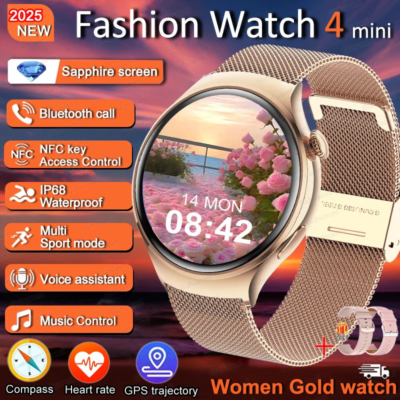 For HUAWEI IOS Women Watch 4 Mini Smart Watch AMOLED NFC Heart Rate Clock BT Call GPS Lady Smartwatch for Women pink Custom dial