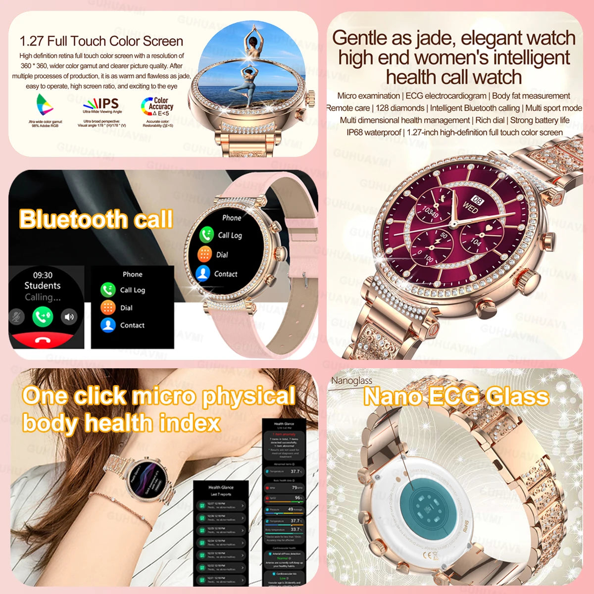 Women diamond Smart Watch ECG Women Health tracking Watch Full Touch Screen BT Call Custom dial Smartwatch For Huawei Xiaomi IOS